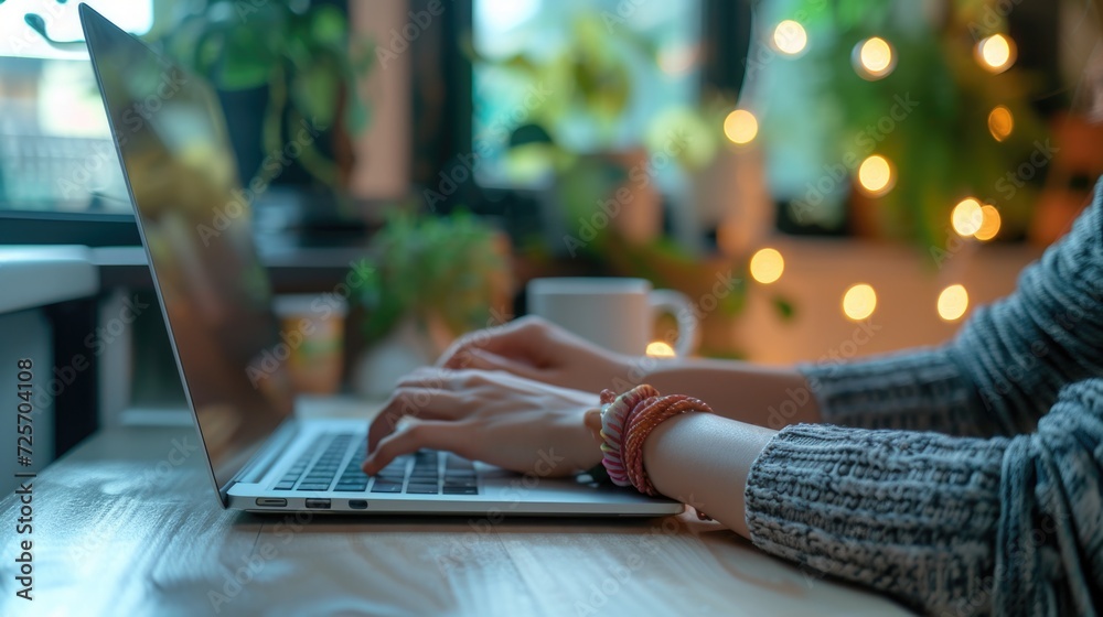 Poster a woman is seen typing on a laptop computer. this image can be used to depict technology, remote wor