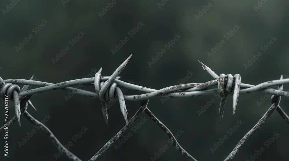Poster a detailed close-up view of a barbed wire fence. this image can be used to depict concepts such as s