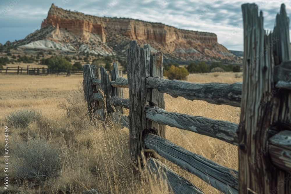 Poster a picture of a wooden fence standing in a field with a majestic mountain in the background. perfect 
