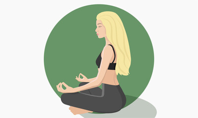 Silhouette of a woman meditating in the lotus position. Blonde. Yoga character in Faceless style. Vector illustration.