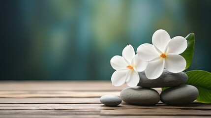 Fototapeta na wymiar Balance stone spa massage with white Frangipani or plumeria flowers on wooden floor. Women's body care and beauty clinic.