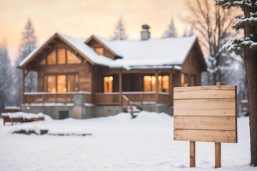 blank sign mockup and house blured background, winter bokeh background. ai generative