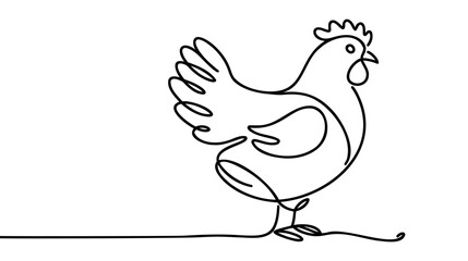 Hen in continuous line art drawing style. Chicken minimalist black linear design isolated on white background.