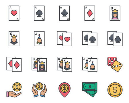 Filled color outline icons set for Gambling casino.