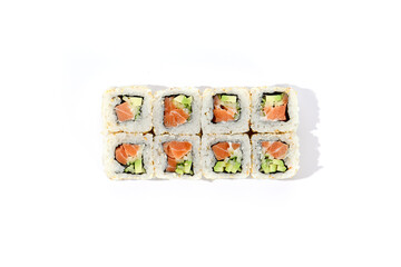 Sesame-Encrusted Salmon and Avocado Sushi Roll on White Background