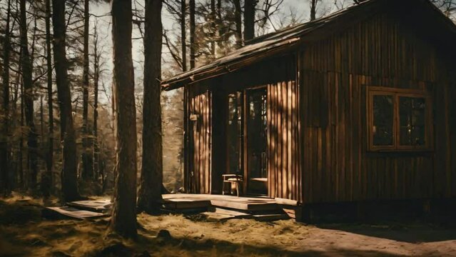 old abandoned wooden house in the forest, cabin in the wood, lonely, peaceful, calm and serene