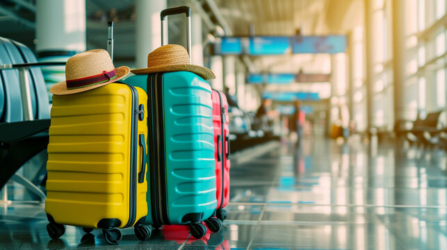 
Colorful suitcasmodern airport terminal before flight during trip, space for tes and hat placed on trolley in ext