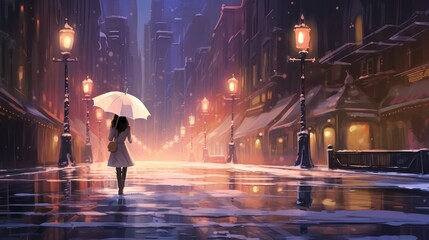 Little sweet girl carrying umbrella in the middle of evening city street in dramatic snow season, cartoon illustration.	

