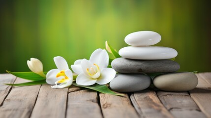 Obraz na płótnie Canvas Balance stone spa massage with white Frangipani or plumeria flowers on wooden floor. Women's body care and beauty clinic.