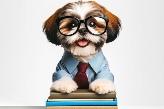 funny smiling Shih Tzu dog school with glasses hold books on solid white background. ai generative