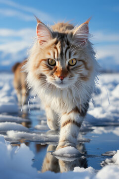 A photo of cat standing and walking snow Generative AI