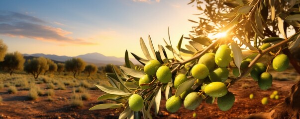 Fresh bio green olives in olives tree farm, healthy food panorama banner with sunset. Generative Ai.