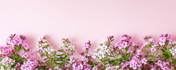 Lilac on a beautiful pink background with copy space for text, top view.