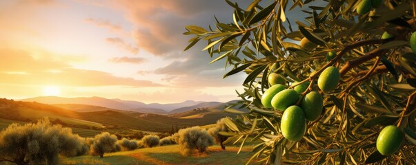 Fresh bio green olives in olives tree farm, healthy food panorama banner with sunset. Generative Ai.