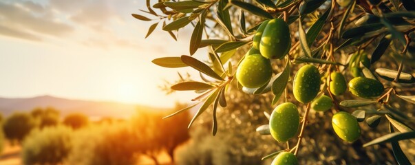 Fresh bio green olives in olives tree farm, healthy food panorama banner with sunset. Generative Ai. - obrazy, fototapety, plakaty
