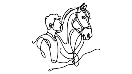 Minimalist man with horse one-line. Vector illustration. Continuous one-line drawing