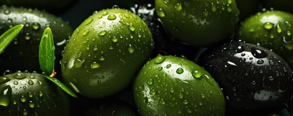 Many fresh and ripe green olives with detailed water drops, bio food panorama banner. Generative Ai.