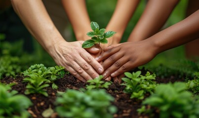 Naklejka na ściany i meble Multiple hands of diverse people coming together to protect and nurture a young green plant, symbolizing teamwork in environmental conservation.
