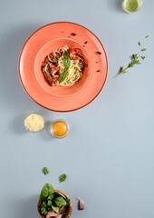 Classic Italian Carbonara pasta, top view with copy space, perfect for recipe websites and culinary presentations