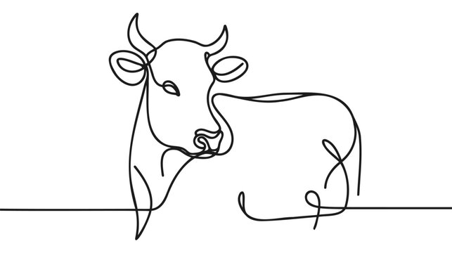 Cow on pasture in continuous line art drawing style. Grazing cow minimalist black linear sketch isolated on white background.
