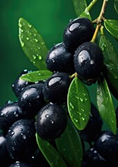 Many fresh and ripe black olives with detailed water drops, bio farm food concept. Generative Ai.