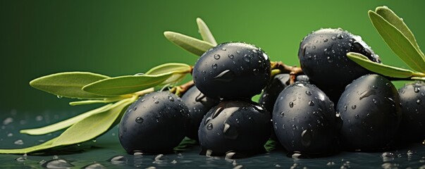 Many fresh and ripe black olives with detailed water drops, bio  food panorama banner Generative Ai. - obrazy, fototapety, plakaty