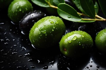 Obraz premium Many fresh and ripe green olives with detailed water drops, bio farm food concept. Generative Ai.