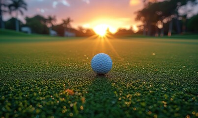 A golf ball is sitting on a green grass field with a beautiful sunset in the background. The ball is the main focus of the image, and the sunset adds a serene and peaceful atmosphere to the scene