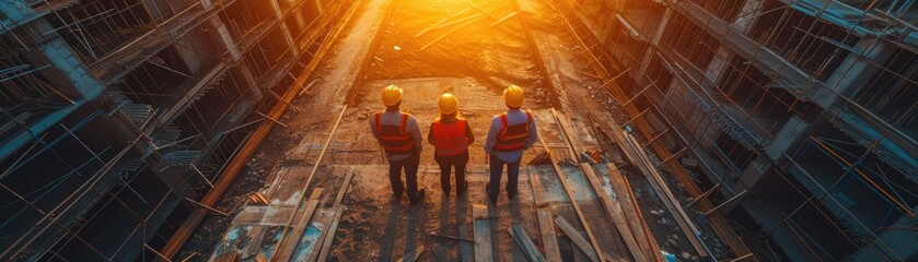 High-angle view of construction workers with hard hats examining blueprints at a building site during early morning hours.