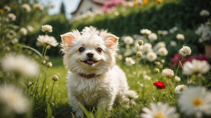 Adorable perrito blanco y feliz de la raza Bichon Frize, en un jardín con flores.