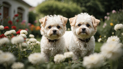 Adorable perrito blanco y feliz de la raza Bichon Frize, en un jardín con flores.