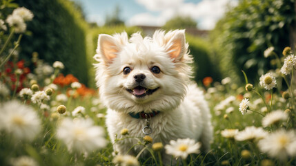 Adorable perrito blanco y feliz de la raza Bichon Frize, en un jardín con flores.