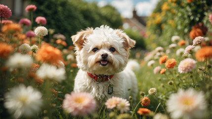 Adorable perrito blanco y feliz de la raza Bichon Frize, en un jardín con flores.