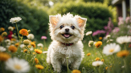 Adorable perrito blanco y feliz de la raza Bichon Frize, en un jardín con flores.