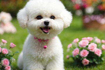 Adorable perrito blanco y feliz de la raza Bichon Frize, en un jardín con flores.