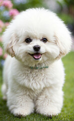 Adorable perrito blanco y feliz de la raza Bichon Frize, en un jardín con flores.