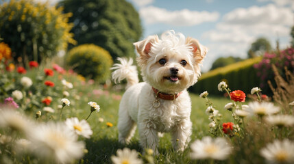 Adorable perrito blanco y feliz de la raza Bichon Frize, en un jardín con flores.
