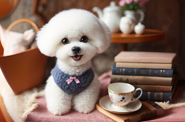 Adorable perrito blanco y feliz de la raza Bichon Frize, en un interior con libros y una taza de té.
