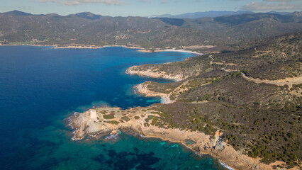 Aerial drone footage of the crystalline sea of ​​Sardinia. Tuerredda beach and white sand.