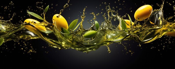 Texture of fresh bio flowing olive oil of ripe olives, healthy food panorama banner. Generative Ai.