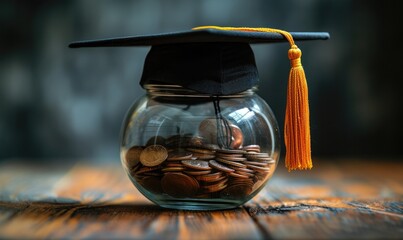 A graduation mortarboard on top of a glass jar filled with coins on a wooden table, symbolizing investment in education and saving for college.