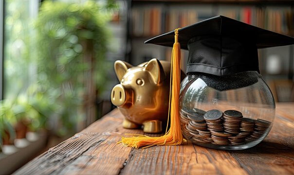 A graduation mortarboard on top of a glass jar filled with coins on a wooden table, symbolizing investment in education and saving for college.
