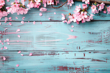 Wooden table with easter or spring theme blurred background. Flowers with copy space for text. Blue, green, teal, and pink colors.