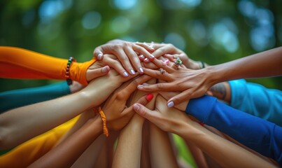 A diverse group of people stack hands together in a unified gesture of teamwork and collaboration.