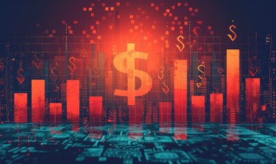 Digital financial analysis with dynamic graphs, currency symbols, and data encryption on a futuristic interface.