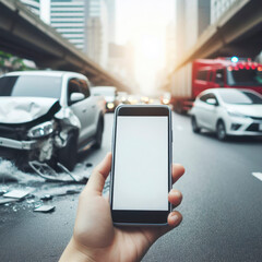 Smartphone with mockup white screen on road with car accident blured background. ai generative