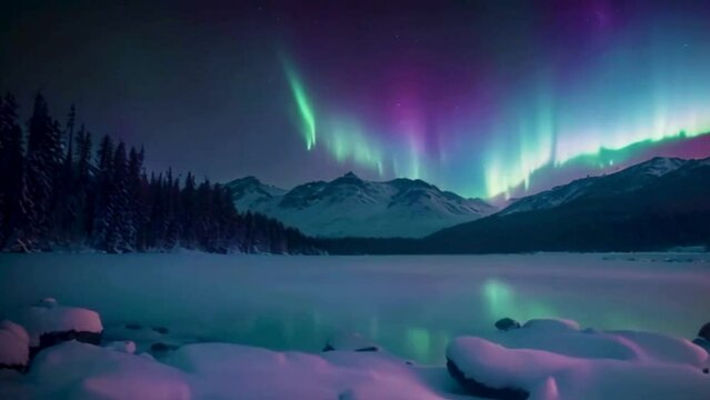 mystic northern lights dancing in the sky, aurora borealis reflection on the water