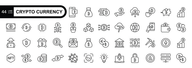 Crypto currency  editable stroke  icon set . Linear style icons pack.  Crypto technology and Blockchain icons for web and mobile app.