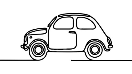 Abstract small car in continuous line art drawing style. Minimalist black linear sketch isolated on white background.