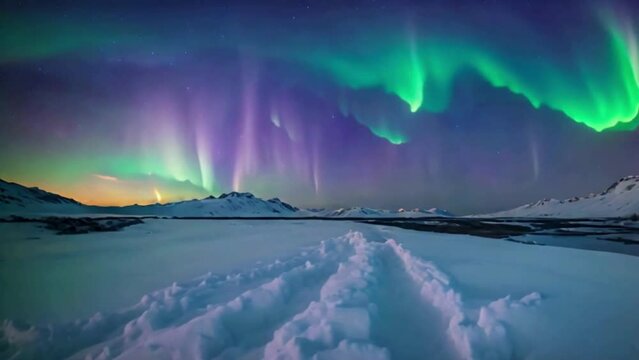 glowing northern lights dancing in the night sky, aurora borealis over snowy mountains